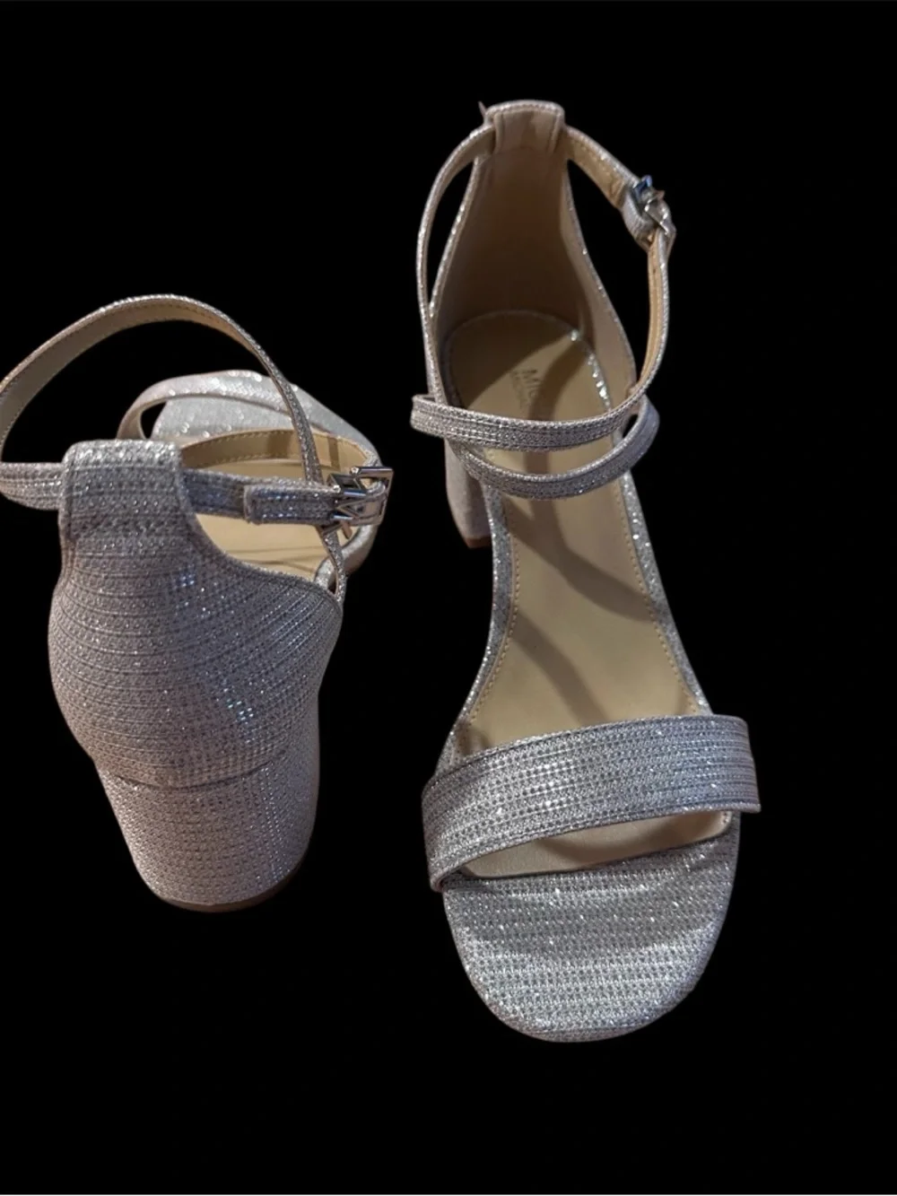 Michael Kors Sophie Flex mid Light Silver Block Heel Sandals 6.5 Prom Wedding
